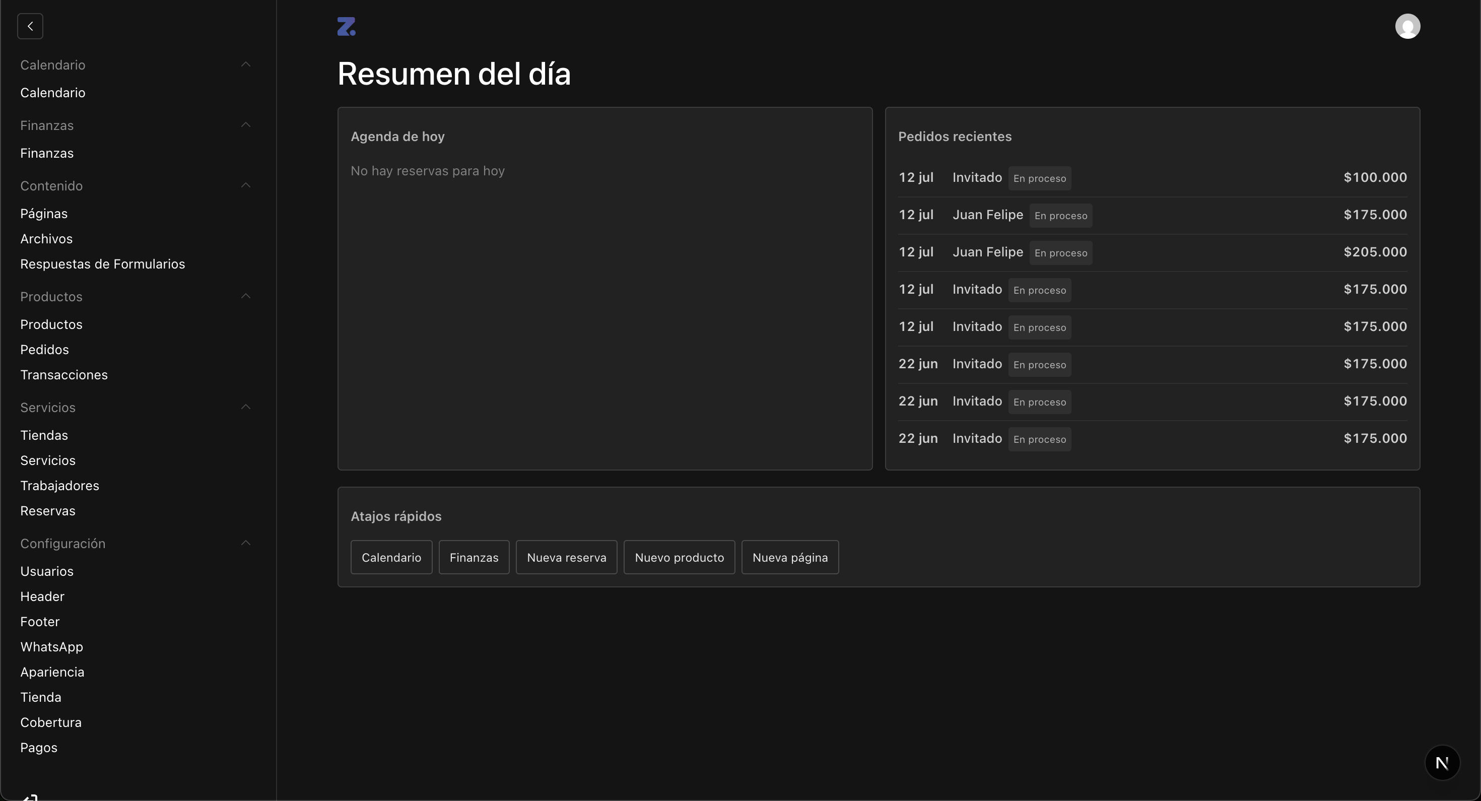 Captura del panel de administración de Zoren